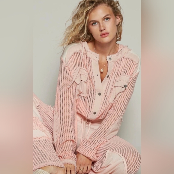 NWOT POL Open Knit Button Down  Pocket Hoodie. Size S. - Picture 2 of 2